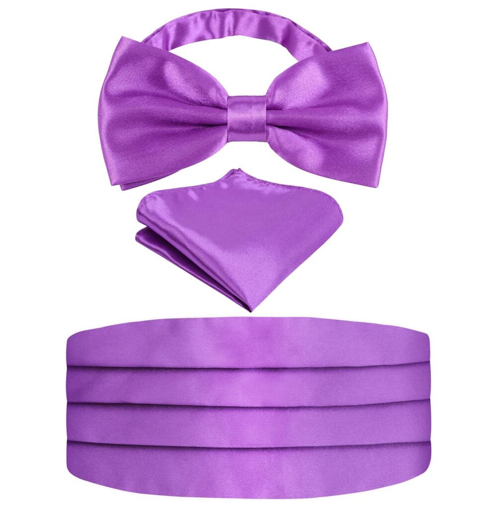 3267 Multicolored Silk Solid Cummerbund Gift Bow Tie Set, Grape